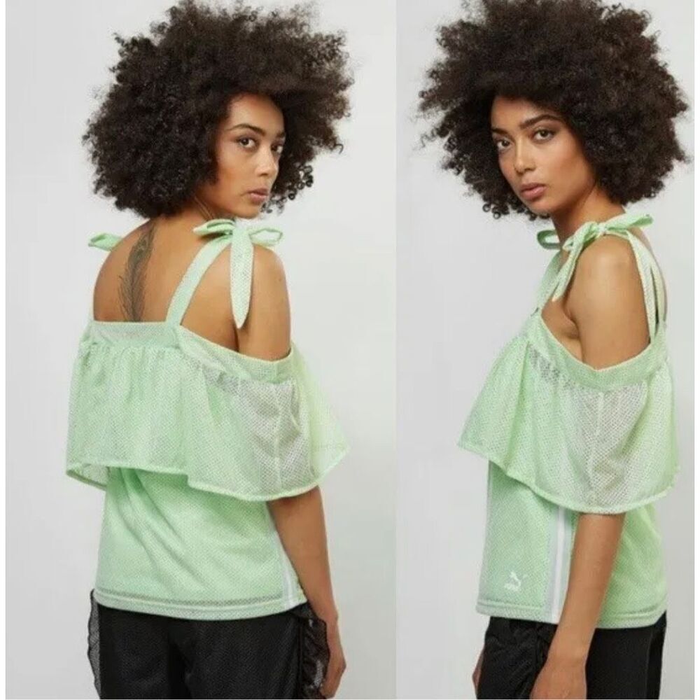 NWT Womens Puma Mint Green Spray Mesh Xtreme Off-Shoulder Top - Sz S